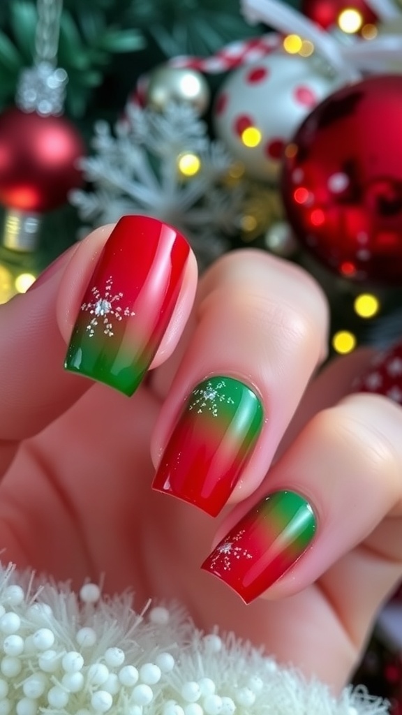 Elegant ombre Christmas nails in red and green with glitter accents on a festive background.
